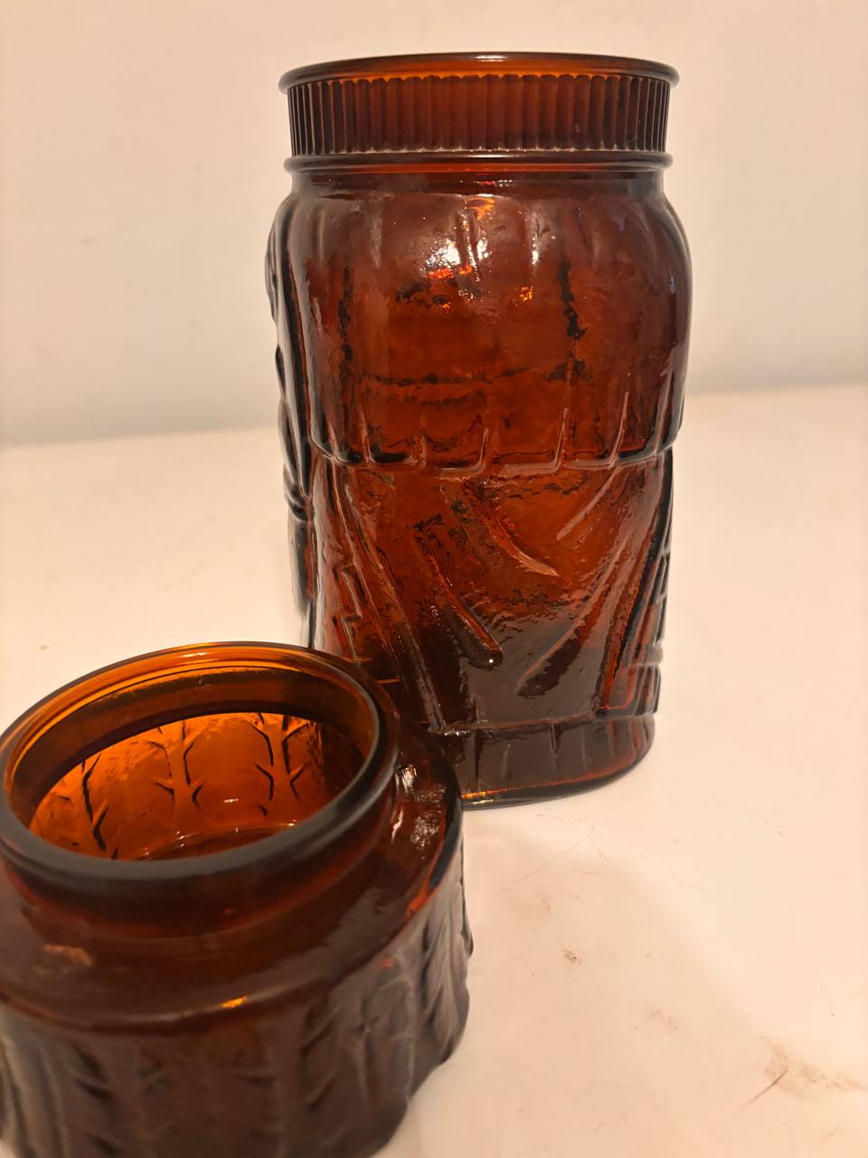 Lot 003: Vintage Amber Glass Figural Jar with Lid