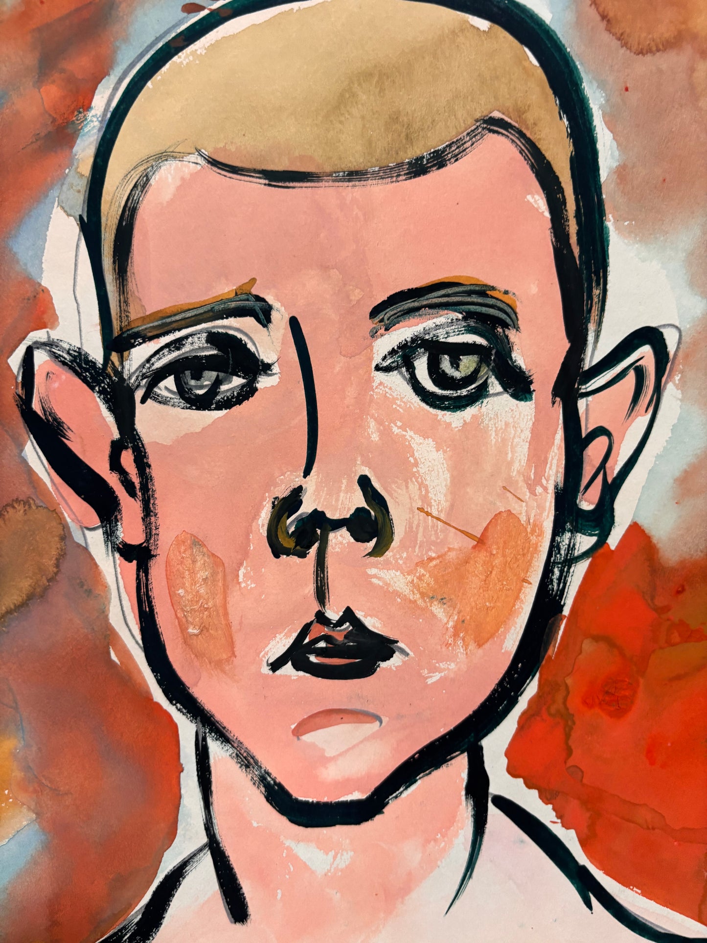 Lennie Kesl Art. An expressive watercolor portrait painting of a person's face, rendered in pink, peach, orange, beige, and black brushstrokes against a textured painted background.