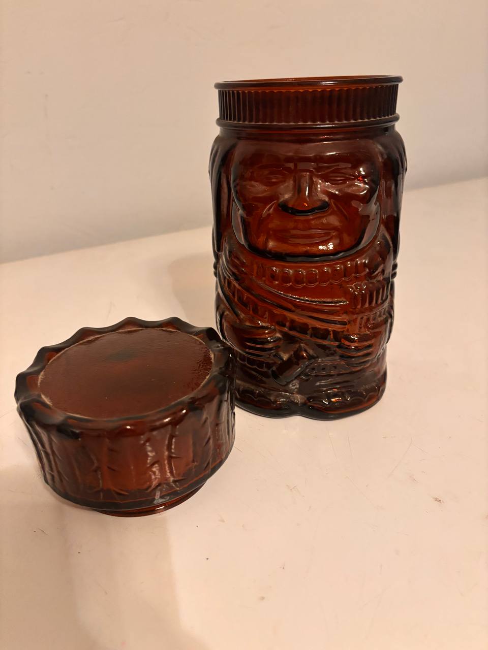 Lot 003: Vintage Amber Glass Figural Jar with Lid