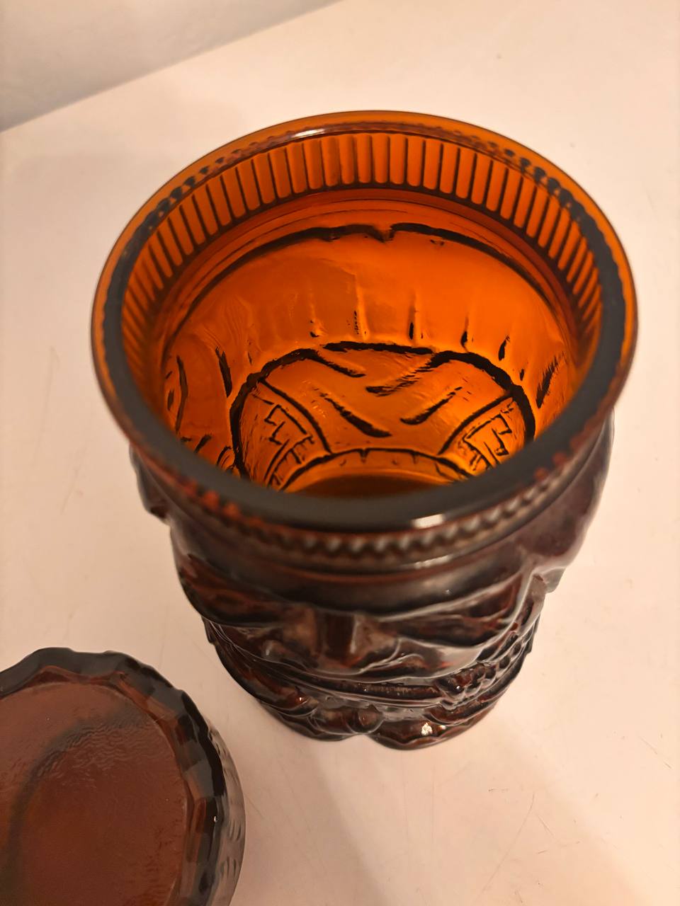 Lot 003: Vintage Amber Glass Figural Jar with Lid