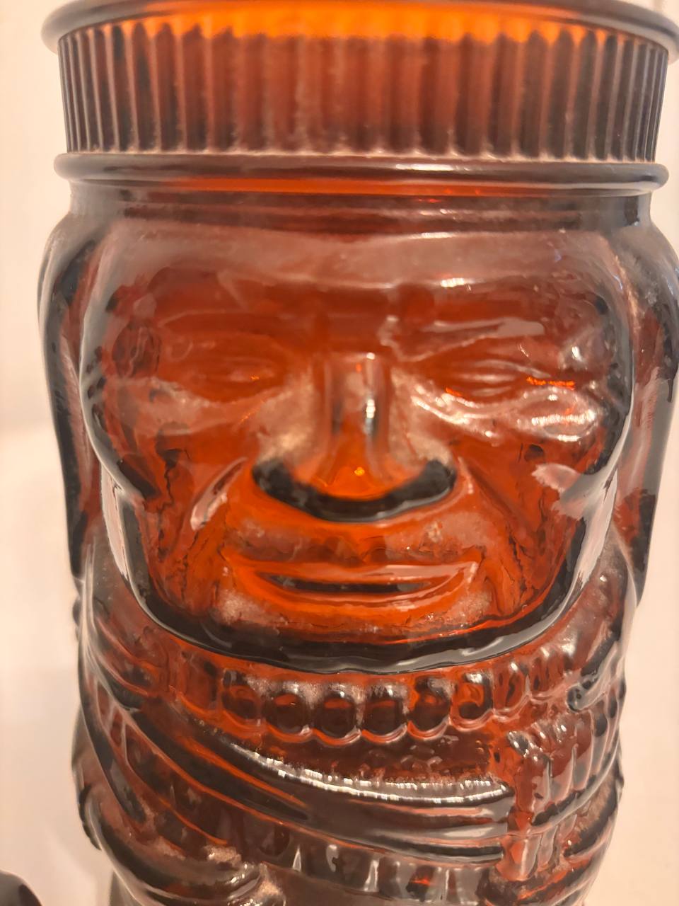 Lot 003: Vintage Amber Glass Figural Jar with Lid