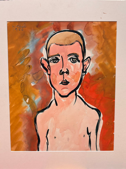 Artist Lennie Kesl. A framed portrait painting of a shirtless man with a shaved head, featuring a warm orange and red abstract background, displayed on a patterned round table.