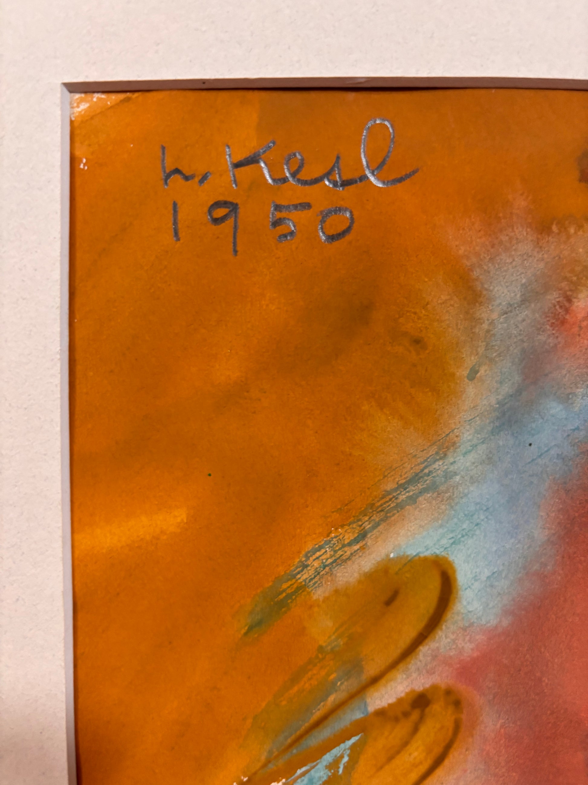 Close-up of a Lennie Kesl painting featuring a dominant warm orange-brown field with blue, pink, and yellow brushstrokes, signed 'L. Kesl 1950' in dark pencil.