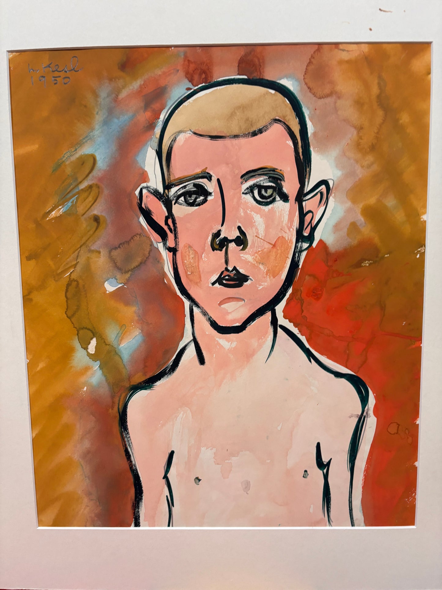 A stylized portrait painting by artist Lennie Kesl. 