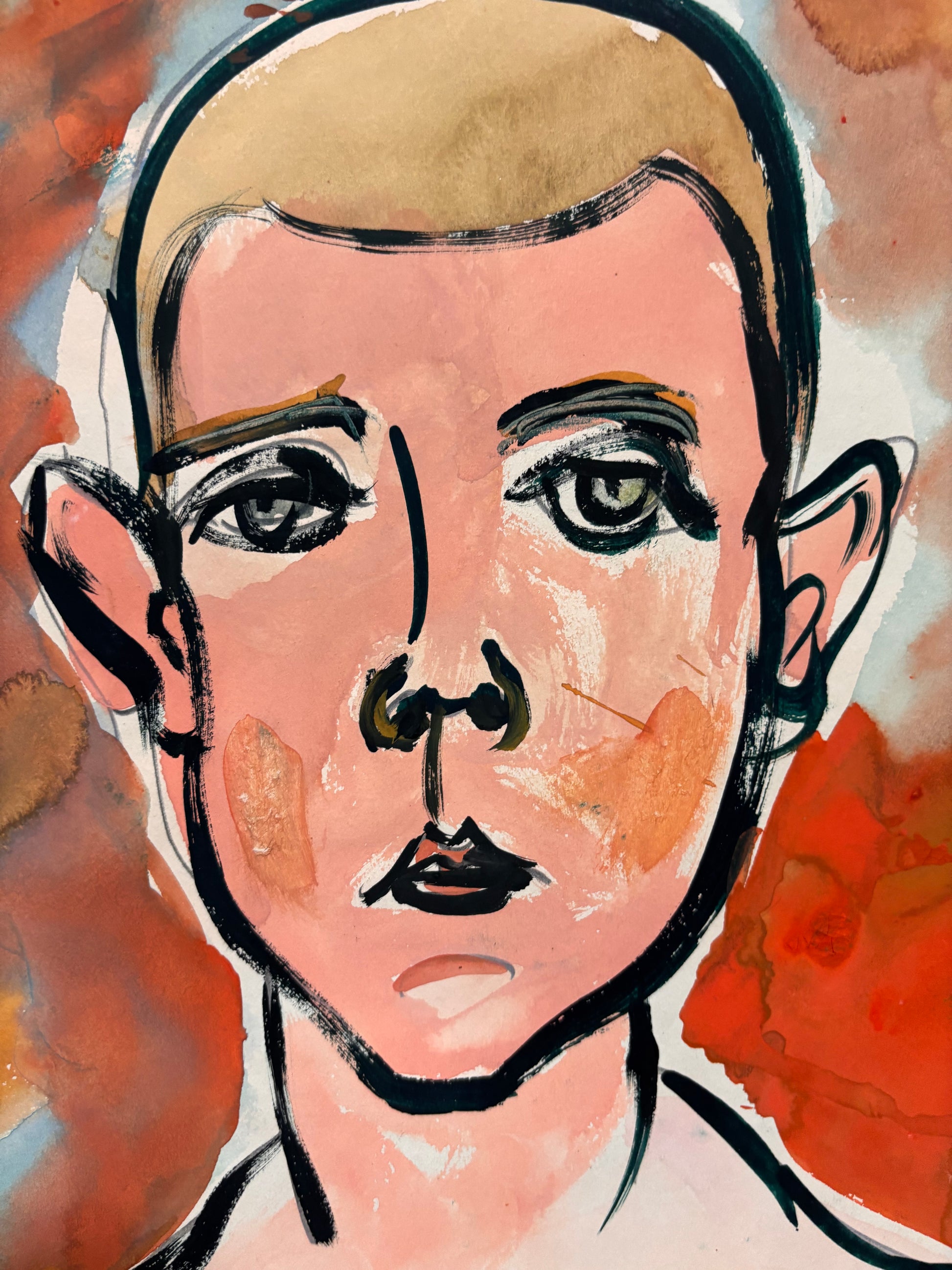 Lennie Kesl Art. An expressive watercolor portrait painting of a person's face, rendered in pink, peach, orange, beige, and black brushstrokes against a textured painted background.