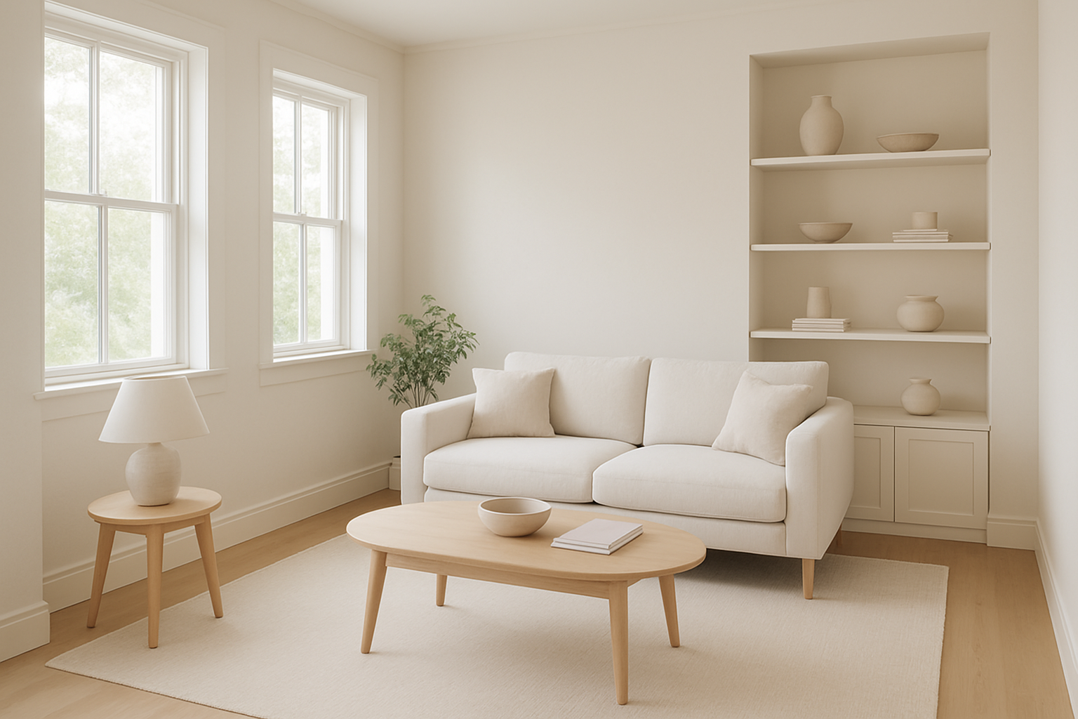 Bright organized living room interior, clutter-free shelves, soft natural light through windows, calming and peaceful aesthetic, clean minimal design.