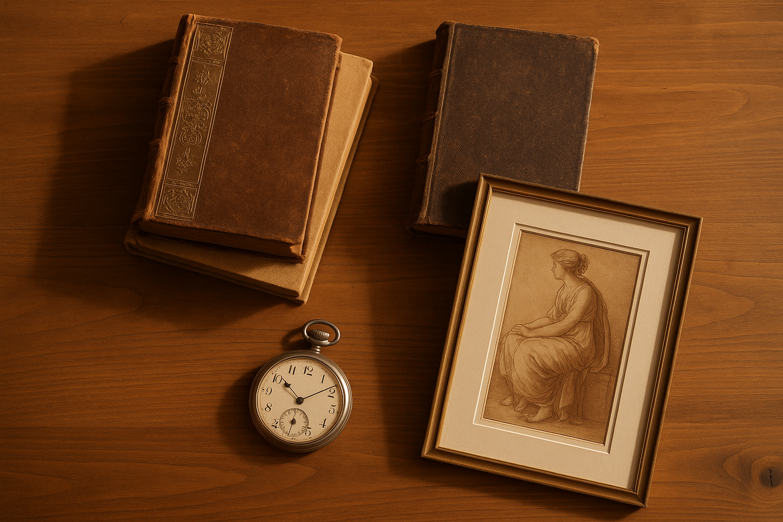 Elegant flat-lay of antique books, vintage pocket watch, and framed artwork on a wooden table, photographed in warm natural light, minimal and professional style.