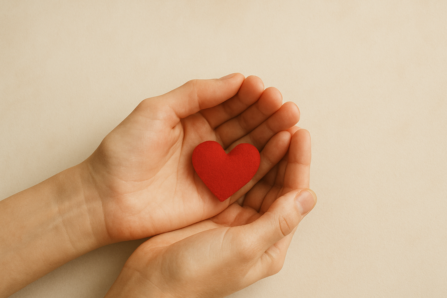 Two gentle hands holding a small heart, soft background, natural colors, warm and comforting atmosphere, minimal modern style.